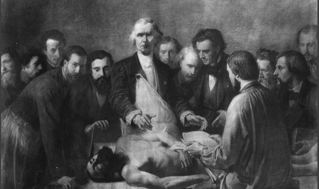 Tableau de Feyen-Perrin, La leçon d'anatomie de Velpeau à l'hôpital de la Charité à Paris lui rend hommage.